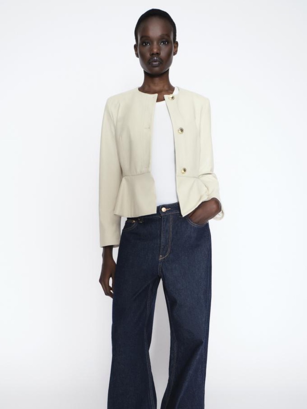 Zara Cream Peplum faux leather Blazer with Gold Buttons